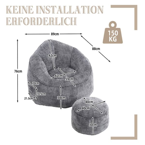 Bean Bag Stolar för Vuxna med Högtrycksskum och Polstrad Skumkudde – Lazy Sofa Stol med Fotpall, Komprimerad och Bekväm i Grå Färg