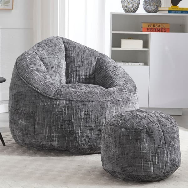 Bean Bag Stolar för Vuxna med Högtrycksskum och Polstrad Skumkudde – Lazy Sofa Stol med Fotpall, Komprimerad och Bekväm i Grå Färg