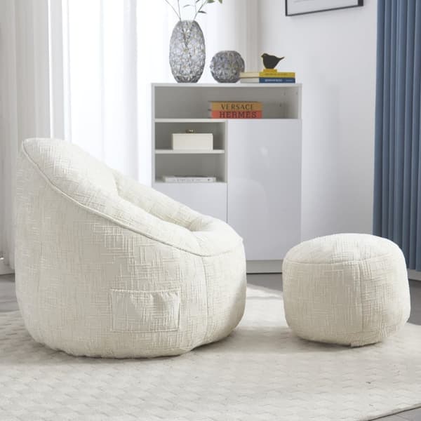 Sækkestol Sofastol med Fodskammel – Komprimeret Memory Foam Fyld, Ergonomisk Design til Voksne, Blød Chenille, Beige