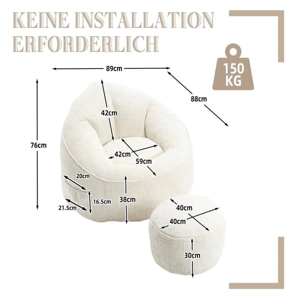 Sækkestol Sofastol med Fodskammel – Komprimeret Memory Foam Fyld, Ergonomisk Design til Voksne, Blød Chenille, Beige