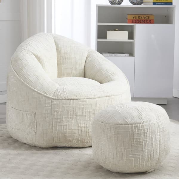 Sækkestol Sofastol med Fodskammel – Komprimeret Memory Foam Fyld, Ergonomisk Design til Voksne, Blød Chenille, Beige