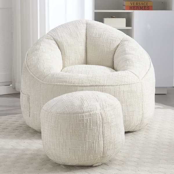 Sækkestol Sofastol med Fodskammel – Komprimeret Memory Foam Fyld, Ergonomisk Design til Voksne, Blød Chenille, Beige