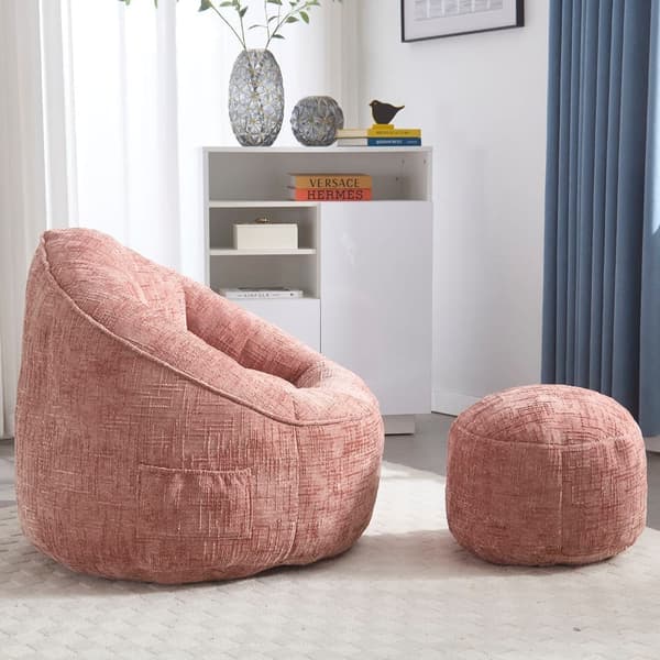 Saccosäck Soffa med Fotpall – Ergonomisk Stol för Vuxna, Komprimerad Memory Foam, Mjuk Chenille, Rosa