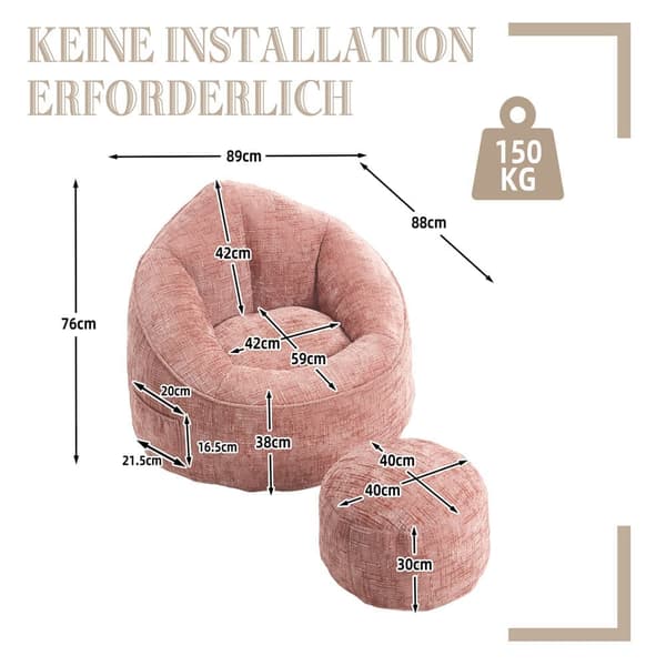 Saccosäck Soffa med Fotpall – Ergonomisk Stol för Vuxna, Komprimerad Memory Foam, Mjuk Chenille, Rosa