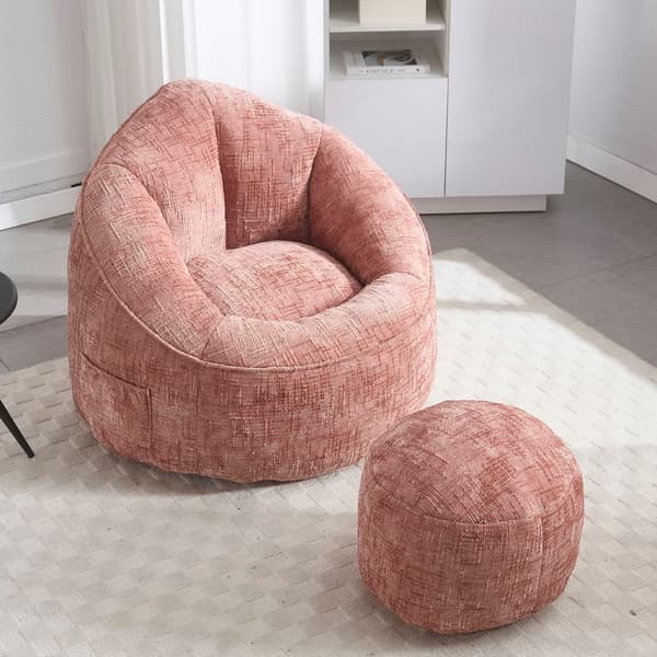 Saccosäck Soffa med Fotpall – Ergonomisk Stol för Vuxna, Komprimerad Memory Foam, Mjuk Chenille, Rosa