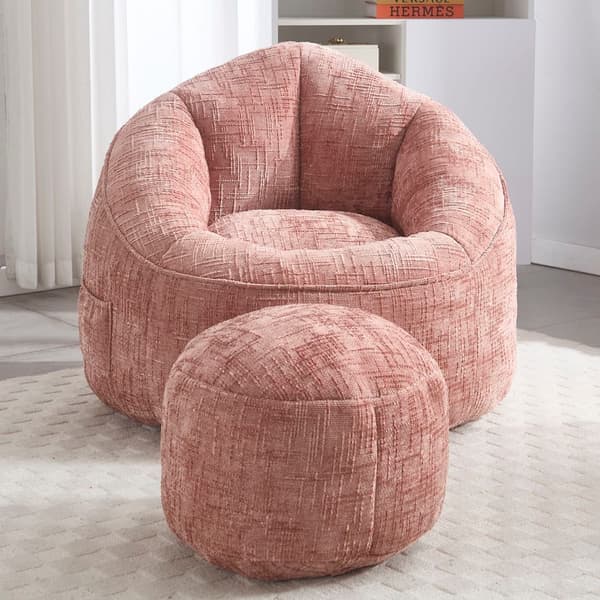 Saccosäck Soffa med Fotpall – Ergonomisk Stol för Vuxna, Komprimerad Memory Foam, Mjuk Chenille, Rosa