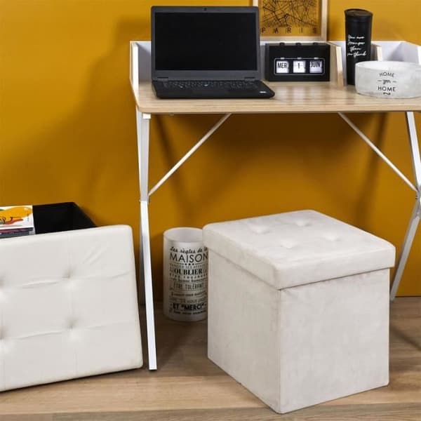 Fyrkantig hopfällbar förvaringspufflåda i beige mocka - Home Deco Factory HD3419