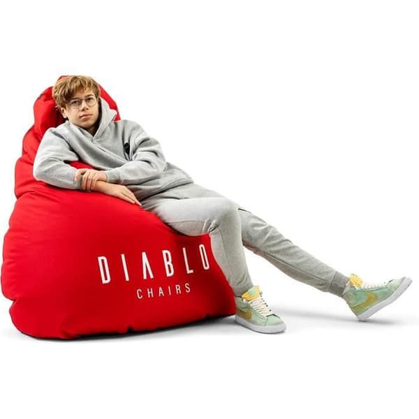 Diablo Pouf Poire Gaming XXL Sittpuff med Fyllning för Vuxna med EPS Polyesterkulor 110 cm x 100 cm (Röd)