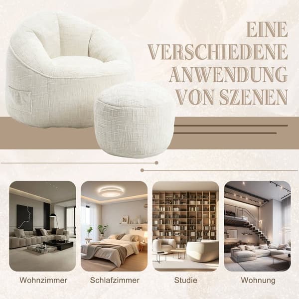 Säcksäcksoffa med högtrycksskum, säcksäck i vuxenmaterial med vadderad skumfyllning, komprimerad säcksäck med fotstöd (beige)