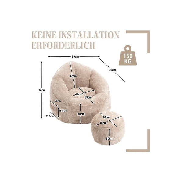Pouf Soffa Stol Tryckluftspuff Vuxenmaterial med komprimerad skumvaddering Puff med fotstöd (Kaki)
