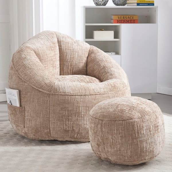 Pouf Soffa Stol Tryckluftspuff Vuxenmaterial med komprimerad skumvaddering Puff med fotstöd (Kaki)