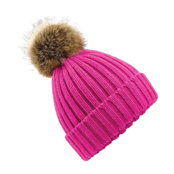 Beechfield Unisex Fur Pop Pom Chunky Beanie Fuchsia One Size