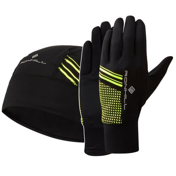 Ronhill Unisex Adult Logo Beanie & Gloves Set Black/Fluro Yellow M-L