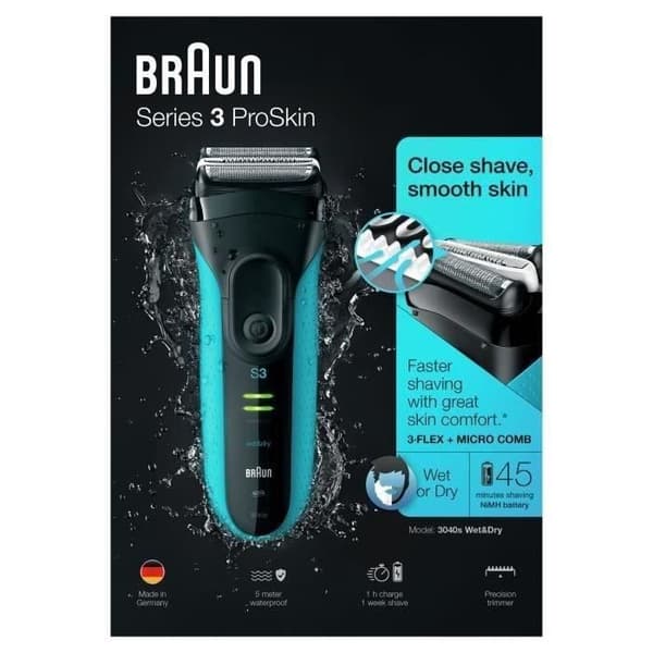 BRAUN Series 3 ProSkin 3040s Rakapparat för våt och torr uppladdningsbar - Blå