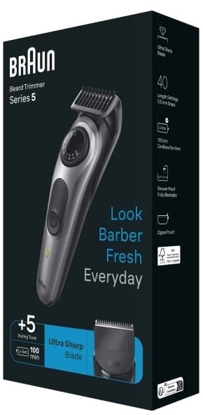 Braun BeardTrimmer 5 80708228, Tvättbar, Underhållsfri – ingen olja behövs, Batteri, Svart, Grå