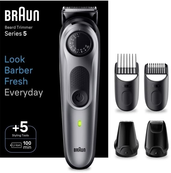 Braun BeardTrimmer 5 80708228, Tvättbar, Underhållsfri – ingen olja behövs, Batteri, Svart, Grå