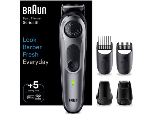 Braun BeardTrimmer 5 80708228, Tvättbar, Underhållsfri – ingen olja behövs, Batteri, Svart, Grå