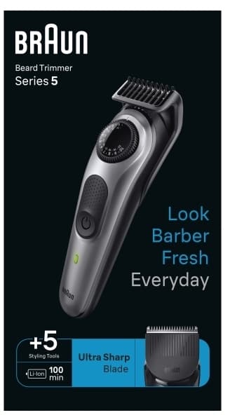 Braun BeardTrimmer 5 80708228, Tvättbar, Underhållsfri – ingen olja behövs, Batteri, Svart, Grå