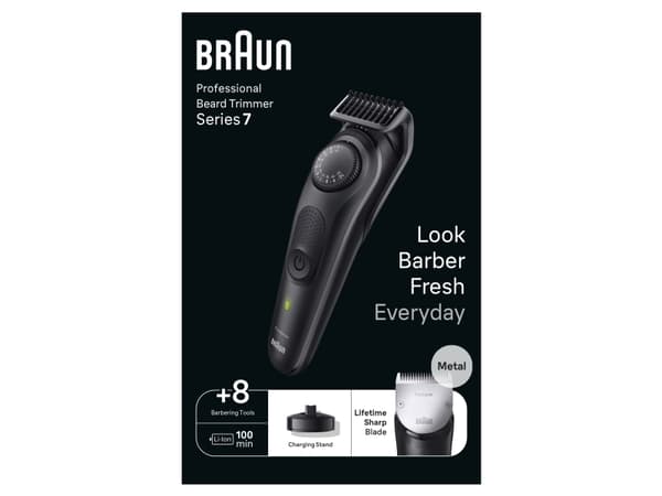 Braun BeardTrimmer 7 80708231, Pestävä, Öljyvapaa huolto, Akku, Musta