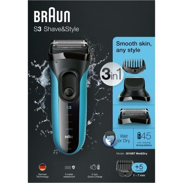 Elektrisk skäggrakapparat för män - BRAUN - Series 3 Shave &amp; Style 3010BT - Wet &amp; Dry-teknik - Svart / Blå