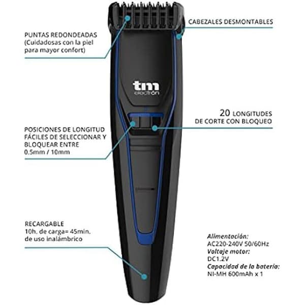 TM Electron tmhc109 a – TM Electron tmhc109 Barberare med 600 mAh uppladdningsbart batteri, 20 klipplängder och avtagbart huvud,