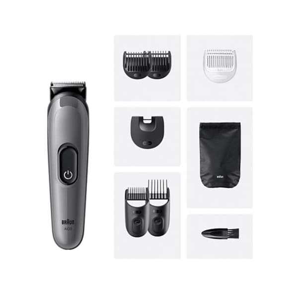 Braun Tondeuse Tout-En-Un Series 3, 8-i-1 Rakningskit, Vass Klinge, 14 Längder, AIO3540, Grå