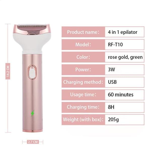4-i-1 elektrisk skraber til kvinder, våd og tør, smertefri epilator, USB, vandtæt