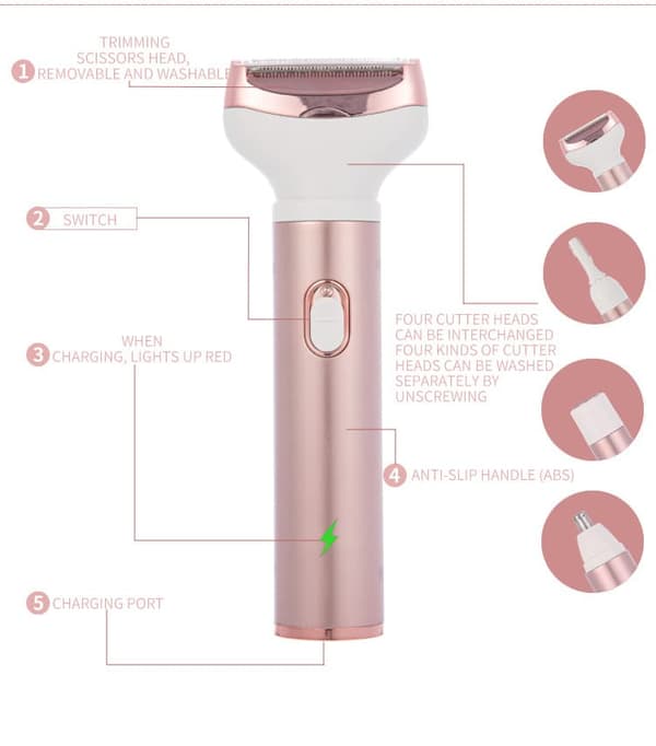 4-i-1 elektrisk skraber til kvinder, våd og tør, smertefri epilator, USB, vandtæt