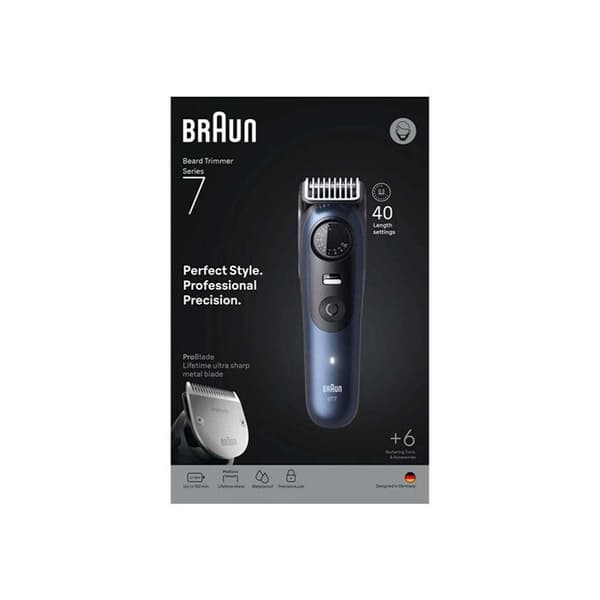 Braun Skäggtrimmer Series 7, + 6 Barbverktyg, 40 Längder, ProBlade Blad, BT7520, Blå