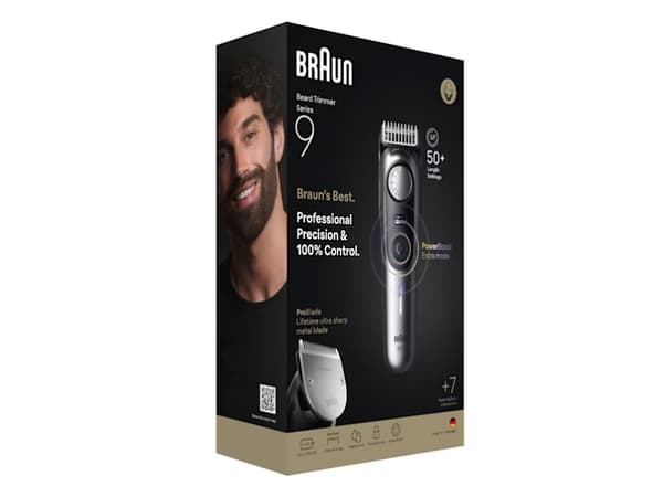 Braun BeardTrimmer 9 BT9520, Tvättbar, Batteri, Svart, Grå