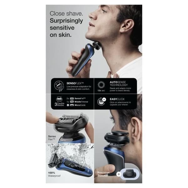 Rakapparat - BRAUN - Serie 6 61-B1200s - 50 min batteritid - Vattentät - Svart/Blå