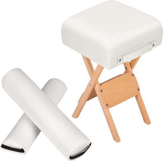 Avföring med två vita rullkuddar - Tillbehör för massagetabeller - Setpall och kuddar gjorda av syntetiskt läder - Cylindrisk massagekudde - Halv -cil