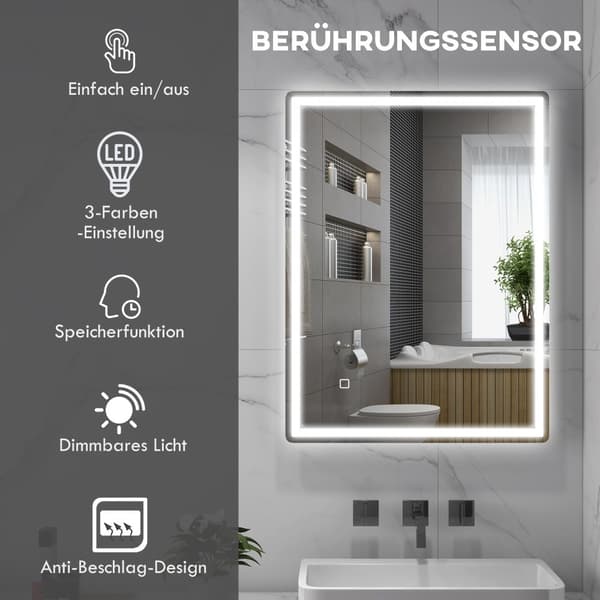 Kylpyhuonepeili 80 x 60 cm Led Memory