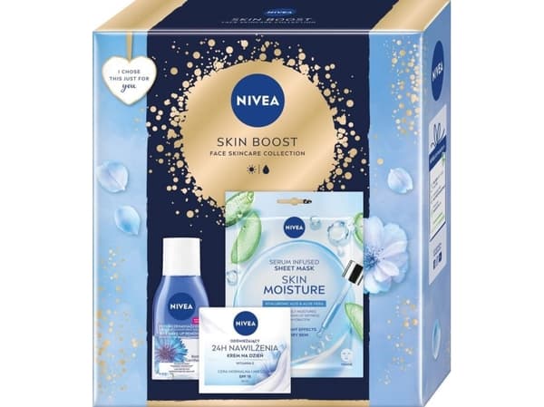 NIVEA_SET Skin Boost Skin Moisture fuktighetsgivende arkmaske + Day Creme 50ml + sminkefjerner 125ml