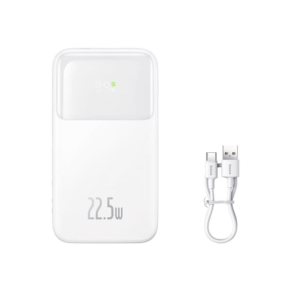 Baseus Comet Series Powerbank med Display 10000mAh 22.5W - Vit + USB-A till USB-C-kabel
