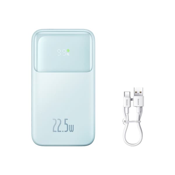 Baseus Comet Series Powerbank med Skærm 10000mAh 22.5W - Blå + USB-A til USB-C Kabel 0.3m - Hvid
