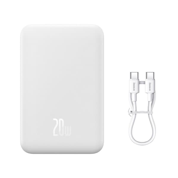 Baseus Magneettinen Mini Powerbank 20000mAh 20W - Valkoinen + USB-C / USB-C kaapeli Valkoinen
