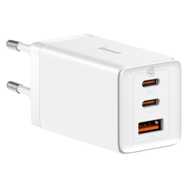 Baseus GaN5 Pro - Hurtig GaN-oplader 65W med 2xUSB-C & 1xUSB - Inkl. 100W USB-C til USB-C-kabel - Hvid Hvid
