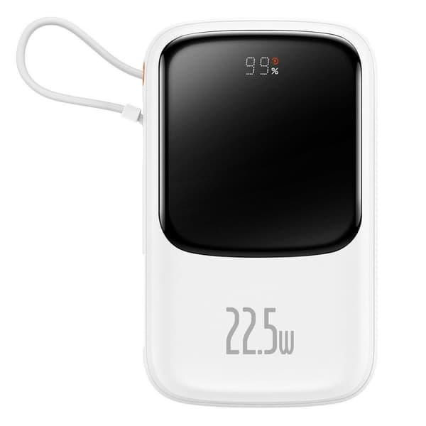 Baseus Qpow Digital Display Powerbank med Hurtig Opladning 10000mAh 22,5W QC/PD/SCP/FCP med Indbygget USB-C Kabel Hvid