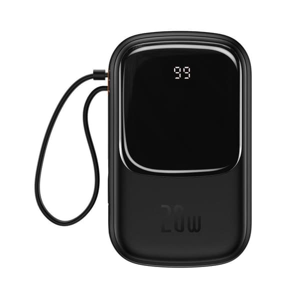 Baseus Qpow Powerbank, 20000mAh, Hurtigopladning 20W QC/PD/SCP/FCP, Indbygget Lightning-kabel, Sort