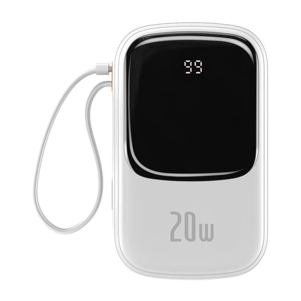 Baseus Qpow Digital Display Powerbank med Hurtig Opladning, 20000mAh 20W QC/PD/SCP/FCP og Indbygget Lightning Kabel, Hvid