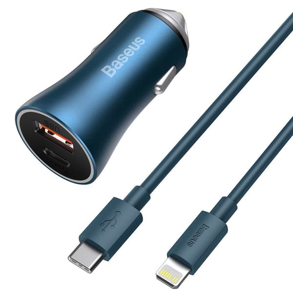 Baseus Golden Contactor Pro 40W Bil-laddare USB-C/USB Power Delivery 3.0 Quick Charge 4+ SCP FCP AFC + USB-C till Lightning-kabel Blå (TZCCJD-03)