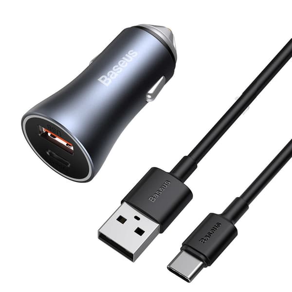 Baseus Golden Contactor Pro Biloplader USB-C / USB-A 40W PD QC 4+ SCP FCP AFC inkl. kabel - grå