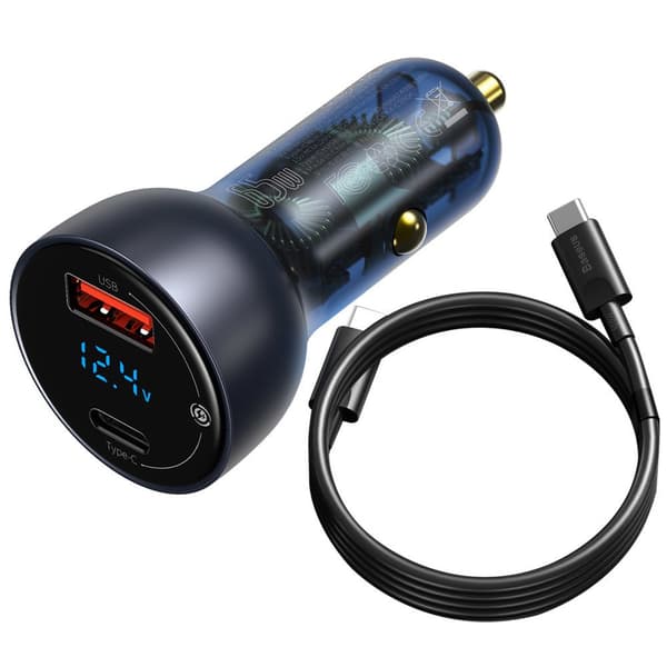 Baseus 65W Biloplader USB/USB-C, 5A SCP Quick Charge 4.0+, PD 3.0, LCD-skærm + USB-C til USB-C Kabel, Grå (TZCCKX-0G) Sort, Blå
