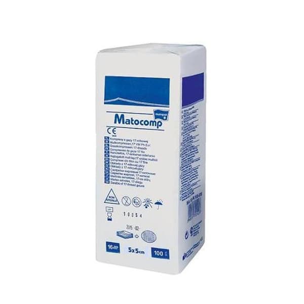 Kompreser, Matocomp, ikke-sterile, 5cm x 5cm, 13-trådet, 8-lags, 100 stk.