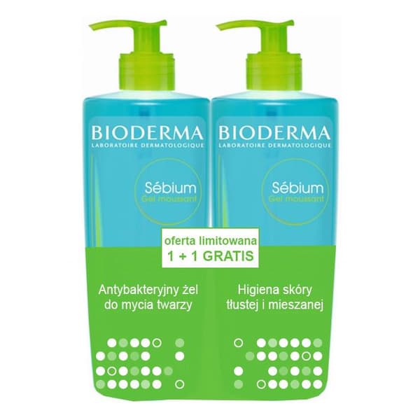 Bioderma Sebium Puhdistusgeeli, antibakteerinen setti rasvaisen ja sekaihon puhdistukseen, 1+1, 500 ml + 500 ml