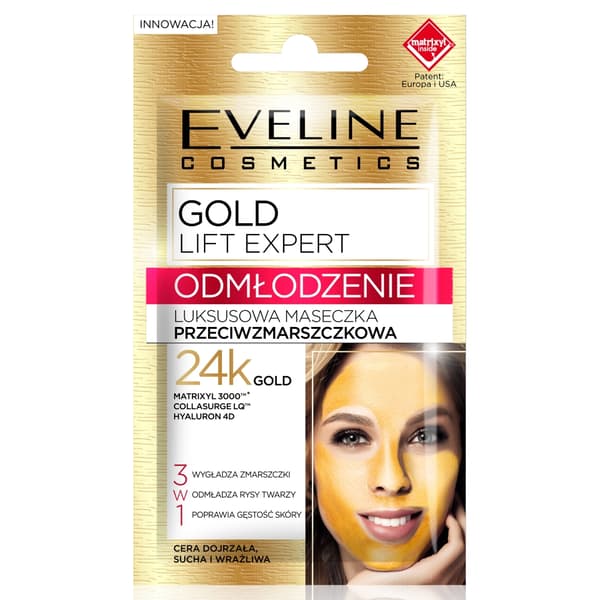 Eveline Gold Lift Expert - 3-in-1 Ikääntymistä Ehkäisevä Naamio, 7 ml