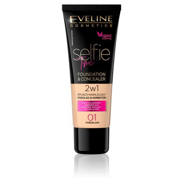 Eveline Cosmetics Selfie Time Täckande Fuktgivande Foundation och Concealer 01 Porcelain, 30 ml