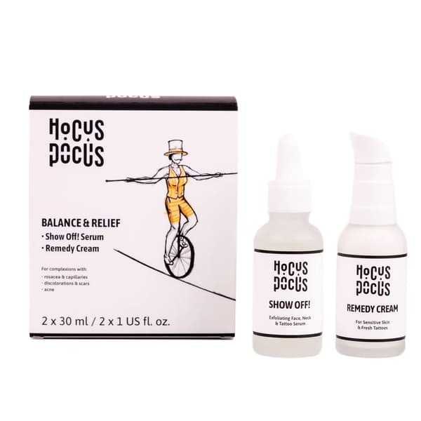 Hocus Pocus Balance & Relief Sæt: Beroligende Tattoocremer, 30 ml + Microexfolierende Serum, 30 ml
