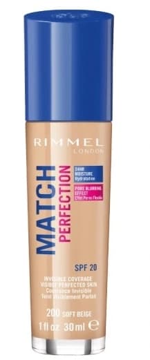 Rimmel Match Perfection Foundation, Nuance 200 Soft Beige, SPF20, 30 ml. Tilpasser sig hudtonen for en fejlfri finish.